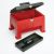 Tool box is a durable, plastic, step stooltype box, with reinforced lid and removable tray.  Black/Red 20 x 131/2 x 13 NA